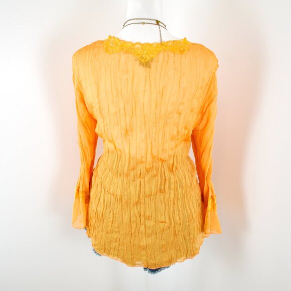 VTG 00s Y2K Piano Orange Sheer Crinkle Pleated Sequin Lace Trim Bell Sleeve Top - Picture 3 of 8